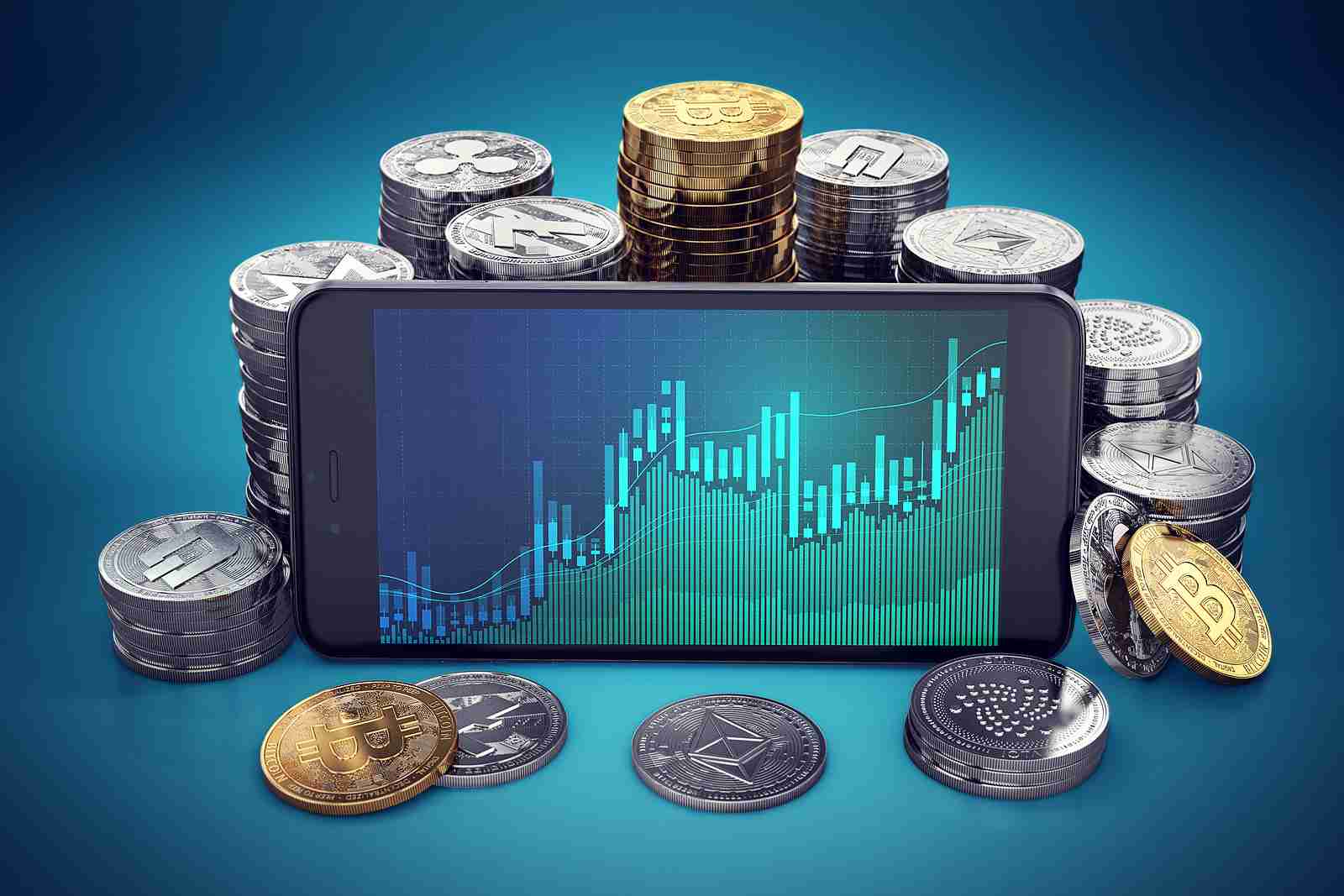 Cryptocurrency grow graph displayed on smartphone screen surrounded by different cryptocurrencies piles. 3D rendering